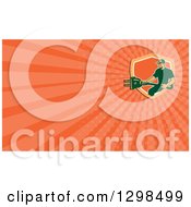Clipart Of A Retro Male Electrician Holding A Giant Plug And Orange Rays Background Or Business Card Design Royalty Free Illustration