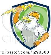 Poster, Art Print Of Cartoon Bald Eagle Electrician Man Holding A Bolt In A Blue White And Green Shield