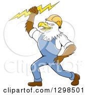 Poster, Art Print Of Cartoon Bald Eagle Electrician Man Holding A Bolt