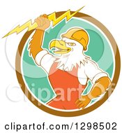 Poster, Art Print Of Cartoon Bald Eagle Electrician Man Holding A Bolt In A Brown White And Turquoise Circle