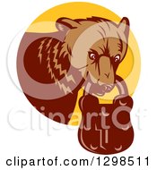 Retro Woodcut Grizzly Bear With A Padlock In His Mouth Emerging From A Yellow Circle