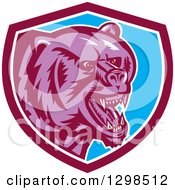 Poster, Art Print Of Retro Woodcut Red Eyed Purple Vicious Grizzly Bear In A Maroon White And Blue Shield