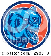 Poster, Art Print Of Retro Woodcut Red Eyed Vicious Grizzly Bear In A Blue White And Orange Circle