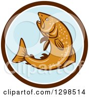 Poster, Art Print Of Retro Rainbow Trout Fish Jumping In A Brown White And Blue Circle