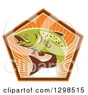 Poster, Art Print Of Retro Leaping Trout Fish In A Pentagon Of Sunshine