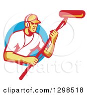 Clipart Of A Retro White Male Film Crew Sound Man Emerging From A Blue Circle Royalty Free Vector Illustration