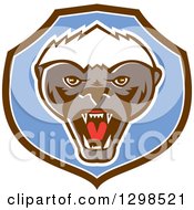 Poster, Art Print Of Retro Angry Honey Badger In A Brown White And Blue Shield