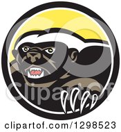 Poster, Art Print Of Retro Honey Badger In A Black White And Yellow Circle