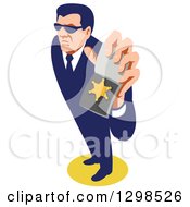 Poster, Art Print Of Retro White Male Secret Agent Wearing Sunglasses And Holding Up An Id Badge