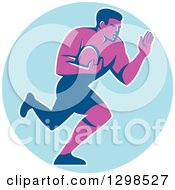 Poster, Art Print Of Retro Male Rugby Player Running And Fending In A Blue Circle