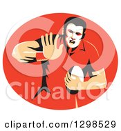 Poster, Art Print Of Retro Male Rugby Player Fending In A Red Oval