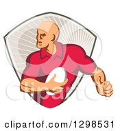 Poster, Art Print Of Retro Male Rugby Player Running In A Taupe Ray Shield