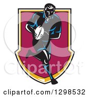 Retro Male Rugby Player Running And Passing In A Shield