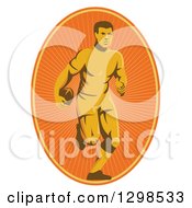 Poster, Art Print Of Retro Male Rugby Player Running In An Orange Sunshine Oval