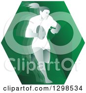 Poster, Art Print Of Retro Female Rugby Player Running In A Green Hexagon