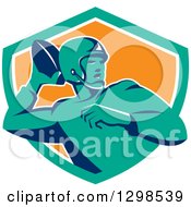 Poster, Art Print Of Retro Male American Football Player Throwing In A Turquoise White And Orange Shield