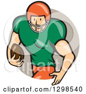 Poster, Art Print Of Cartoon White Male American Football Runningback Player Emerging From A Taupe Circle