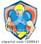 Poster, Art Print Of Cartoon White Male American Football Runningback Player Emerging From A Blue White And Orange Shield