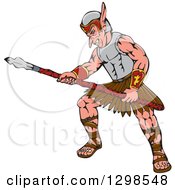 Clipart Of A Cartoon Orc Warrior Thrusting A Spear Royalty Free Vector Illustration