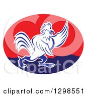Clipart Of A Retro Angry Pointing Rooster In A Red And Blue Oval Royalty Free Vector Illustration