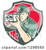 Retro White Male Police Officer Using A Speed Radar Camara In Green White And Red Shield