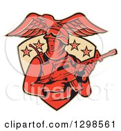 Poster, Art Print Of Red American Solder Swat Police Man With A M4 Carbine Rifle And Eagle In A Shield