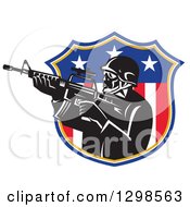 Poster, Art Print Of Retro American Soldier Swat Police Man With An M4 Carbine Rifle In An American Shield