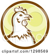 Poster, Art Print Of Retro Chicken Hen Head In A Brown White And Yellow Circle