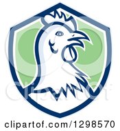 Poster, Art Print Of Retro Chicken Hen Head In A Blue White And Green Shield