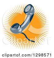 Clipart Of A Retro Woodcut Telephone Receiver Over An Orange Burst Royalty Free Vector Illustration