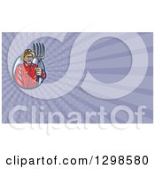 Poster, Art Print Of Retro Woodcut Male Farmer Holding A Pitchfork And Purple Rays Background Or Business Card Design