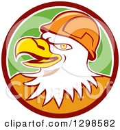 Poster, Art Print Of Cartoon Bald Eagle Construction Worker Wearing A Hardhat In A Maroon White And Green Circle