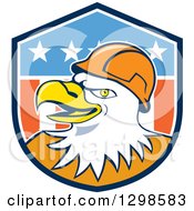 Poster, Art Print Of Cartoon Bald Eagle Construction Worker Wearing A Hardhat In An American Shield