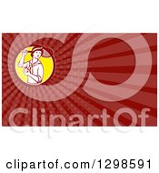 Clipart Of A Retro Female Tennis Player Holding A Racket And Ball And Red Rays Background Or Business Card Design Royalty Free Illustration
