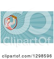 Clipart Of A Retro Cartoon White Male Plasterer And Turquoise Rays Background Or Business Card Design Royalty Free Illustration