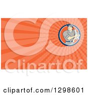 Clipart Of A Cartoon Male Mechanic Holding A Wrench And Orange Rays Background Or Business Card Design Royalty Free Illustration