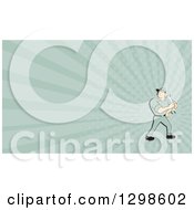 Clipart Of A Retro Cartoon Male Mechanic Holding A Wrench And Pastel Green Rays Background Or Business Card Design Royalty Free Illustration