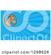 Clipart Of A Retro Cartoon Retro Horse Head With A Bridle And Blue Rays Background Or Business Card Design Royalty Free Illustration