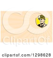 Retro Caucasian Male Miner With A Headlamp And Pastel Orange Rays Background Or Business Card Design