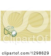 Clipart Of A Retro Green Dslr Camera And Rays Background Or Business Card Design Royalty Free Illustration