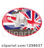 Poster, Art Print Of Retro Sprinting Track And Field Athlete In A Union Jack Flag Oval