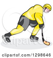 Poster, Art Print Of Cartoon Caucasian Male Hockey Player Skating In A Yellow And Black Uniform