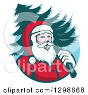 Poster, Art Print Of Retro Santa Claus Carrying A Christmas Tree Over His Shoulder In A Blue Circle