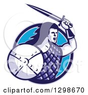 Clipart Of A Retro Scottish Highlander With A Sword And Shield In A Blue Circle Royalty Free Vector Illustration by patrimonio