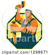 Poster, Art Print Of Retro Male Sculptor Striking A Chisel In A Yellow Sunshine Octagon