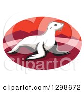 Clipart Of A Retro New Zealand Fur Seal On A Red Beach With Mountains In An Oval Royalty Free Vector Illustration