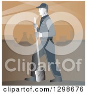 Poster, Art Print Of Retro Street Cleaner With A Broom Against Brown