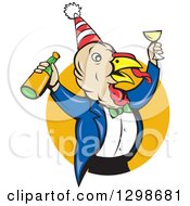Poster, Art Print Of Turkey Bird Man Celebrating With Champagne At A Party Emerging From A Yellow Circle