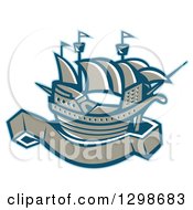Retro Galleon Ship With A Blank Banner Scroll