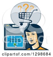 Clipart Of A Retro Styled Female Shopper With A Cart And Internet Browser Royalty Free Vector Illustration